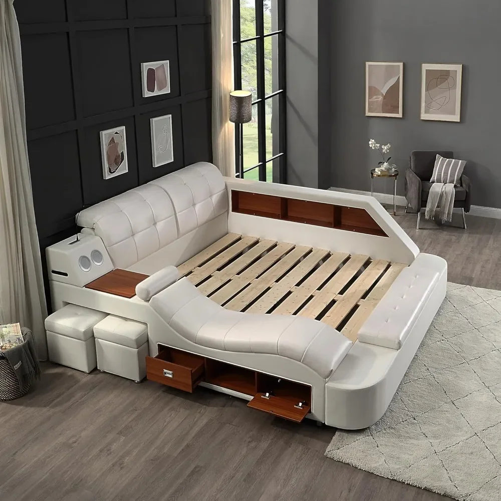 Multifunction Smart Queen Bed Frame, Luxury Upholstered Platform with Massage Recliner/Speaker/USB Port/Storage Drawers