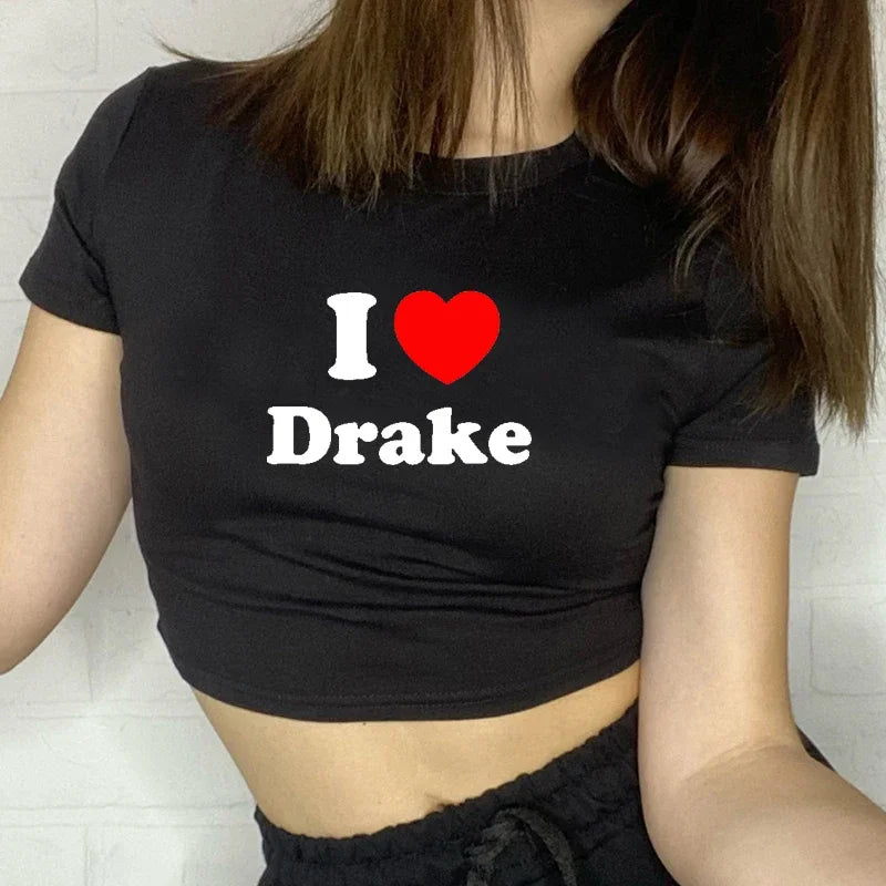 I Love Drake Red Love Heart Women Cropped Top Harajuku Causal Baby Tee Y2k Fashion Clothes Summer Short Sleeved T Shit O Necks