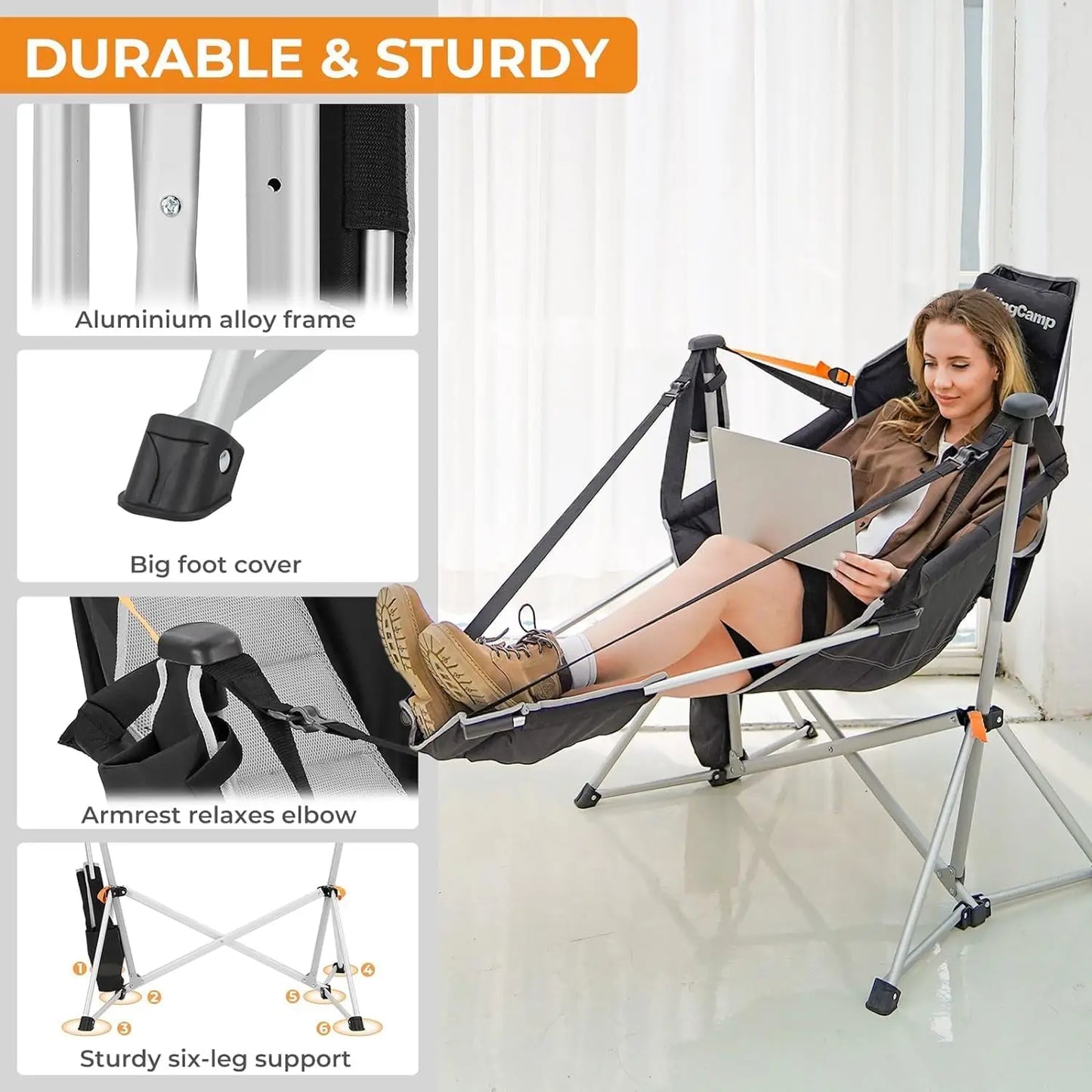 Camping Chair, Hammock , Folding Rocking , Aluminum Adjustable Back Swing , with Removable Footrest