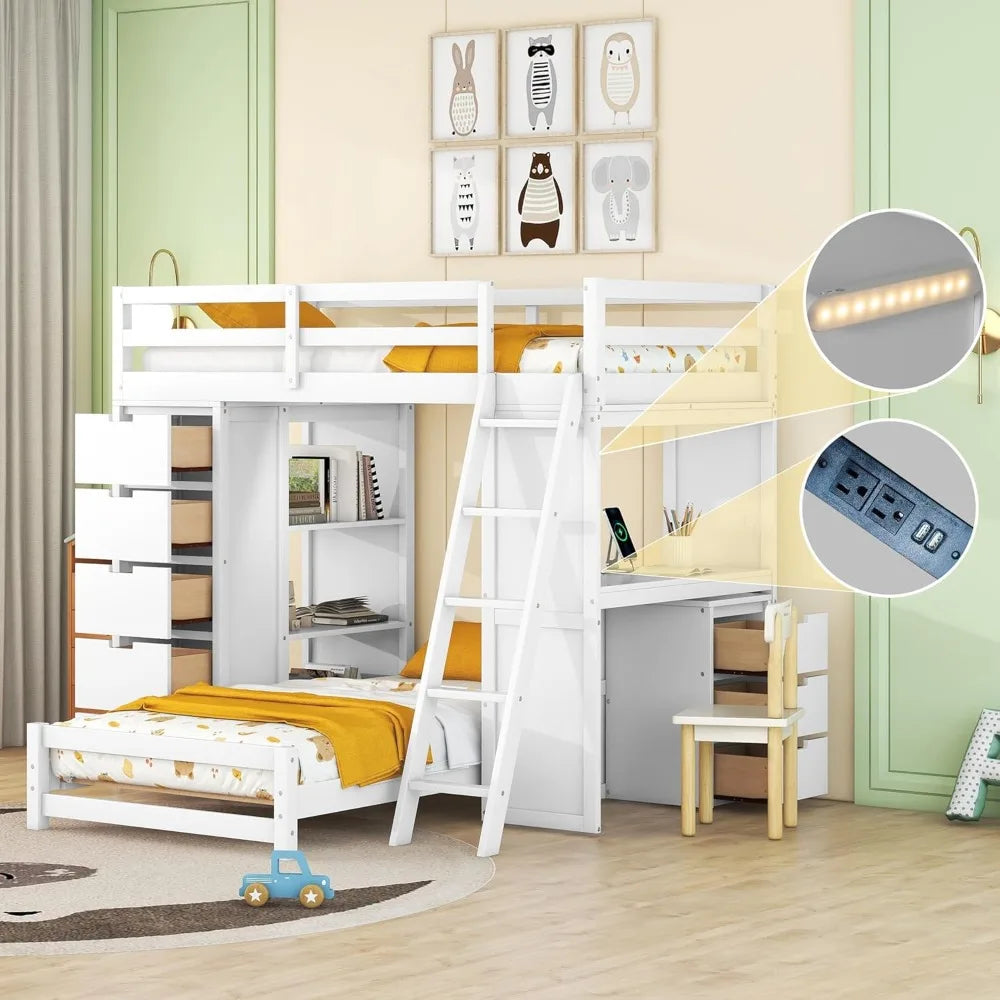 bed，Twin Over Twin Bunk Beds with Built-in Desk & Shelves,Soild Wood Bed Frame with 5 Storage Drawers, LED Light and USB Ports,