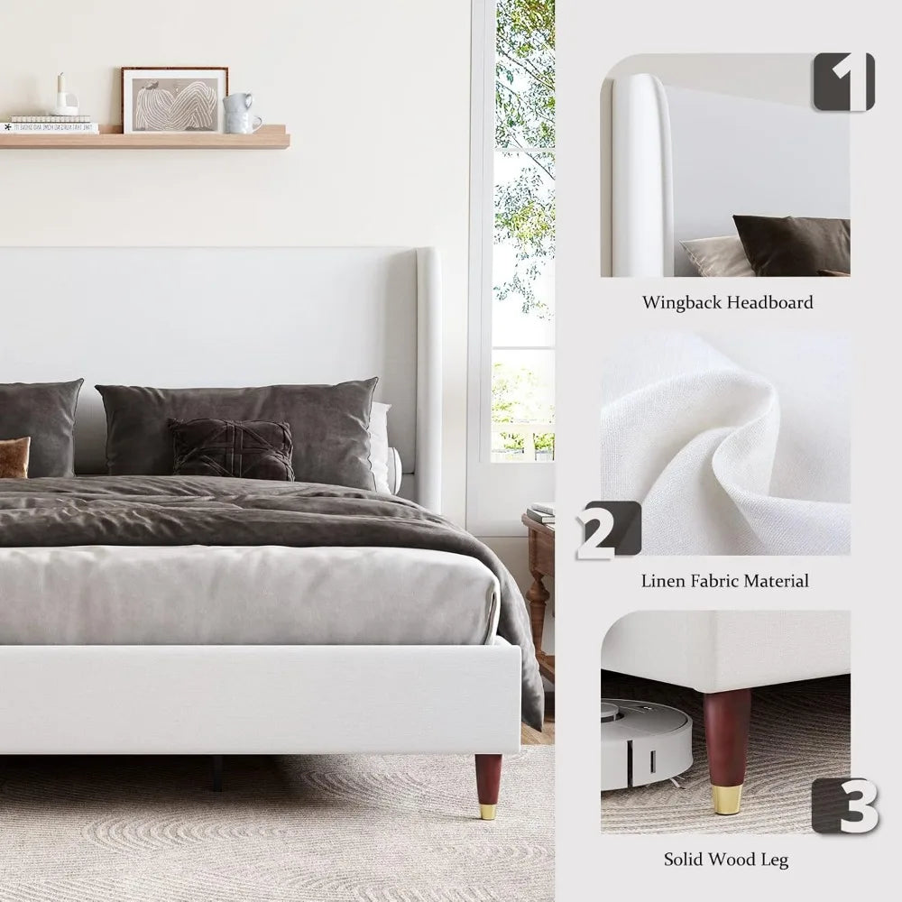 King Bed Frame Upholstered Bed Frame and Wingback Headboard/Wood Slat Support/No Box Spring Needed/Easy Assembly/White