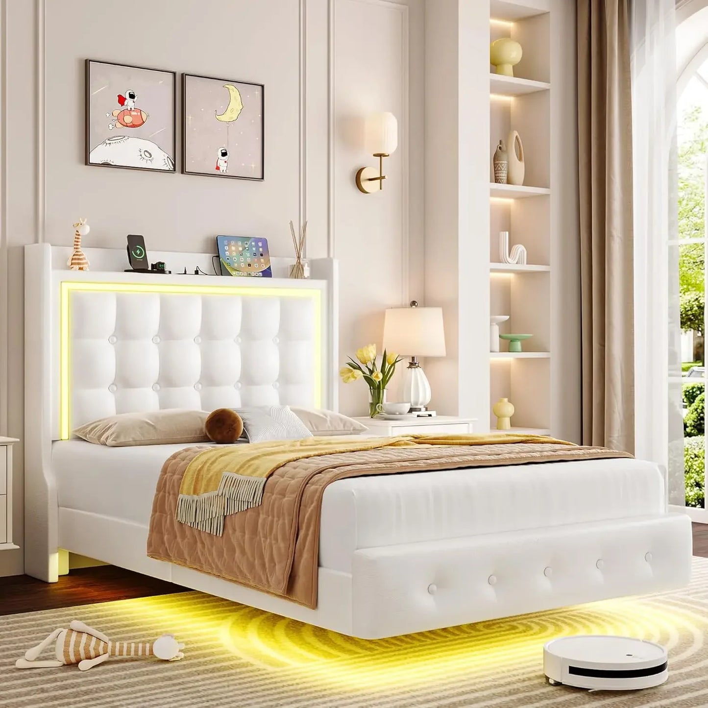 Upholstered Floating Bed Frame with LED Lights and Charging Station,Pu Leather Platform Bed with Button Tufted Storage Headboard