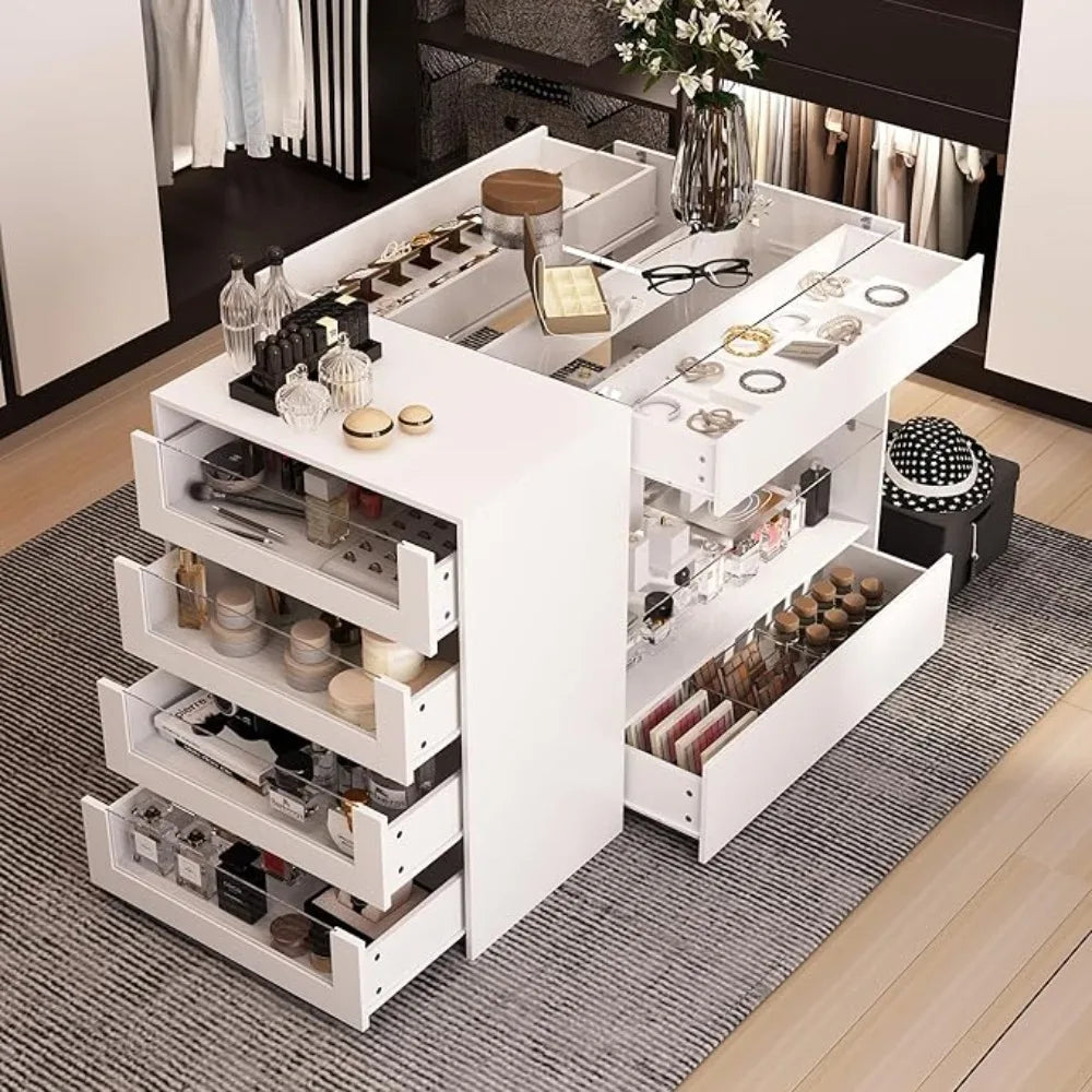 Wardrobe  Armoire Bedroom Island, Glass Tabletop & Storage Organizer, Wardrobe Closet with 7 Drawers and 2-Tier Shelf