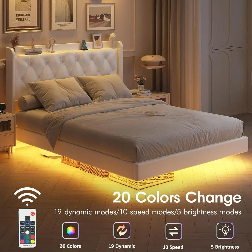 Floating Bed Frame with LED Lights, Upholstered PU Leather Platform Bed with Charging Station & Button Tufted Headboard Storage