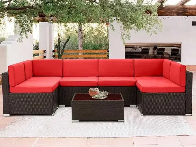 7 Pieces Patio Furniture Set, Modular Patio Set Wicker Outdoor Sectional Sofa Set PE Rattan Wicker Patio Conversation Set