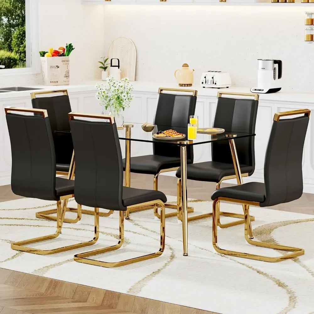 7 Piece Dining Table and Chairs Set，Modern Kitchen Dining Room Table with 6 Black PU Leather Dining Chairs