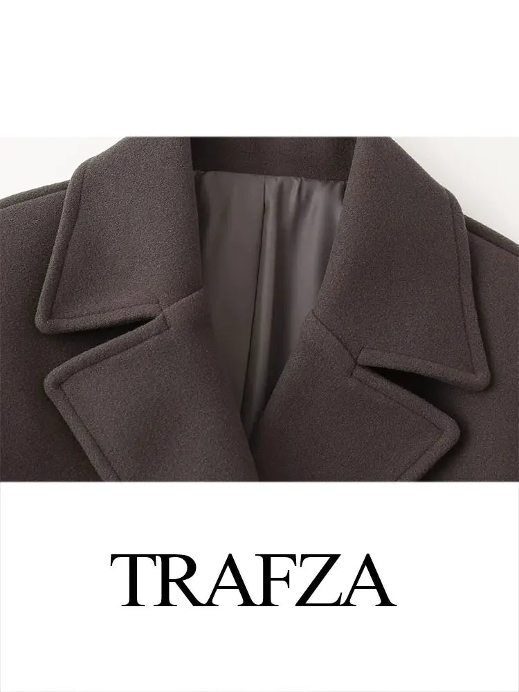 TRAFZA Chic Lapel Women's Pocket Loose Long-sleeved Top Street Coat Women's Winter Fashion Double-breasted Woolen Thick Coat