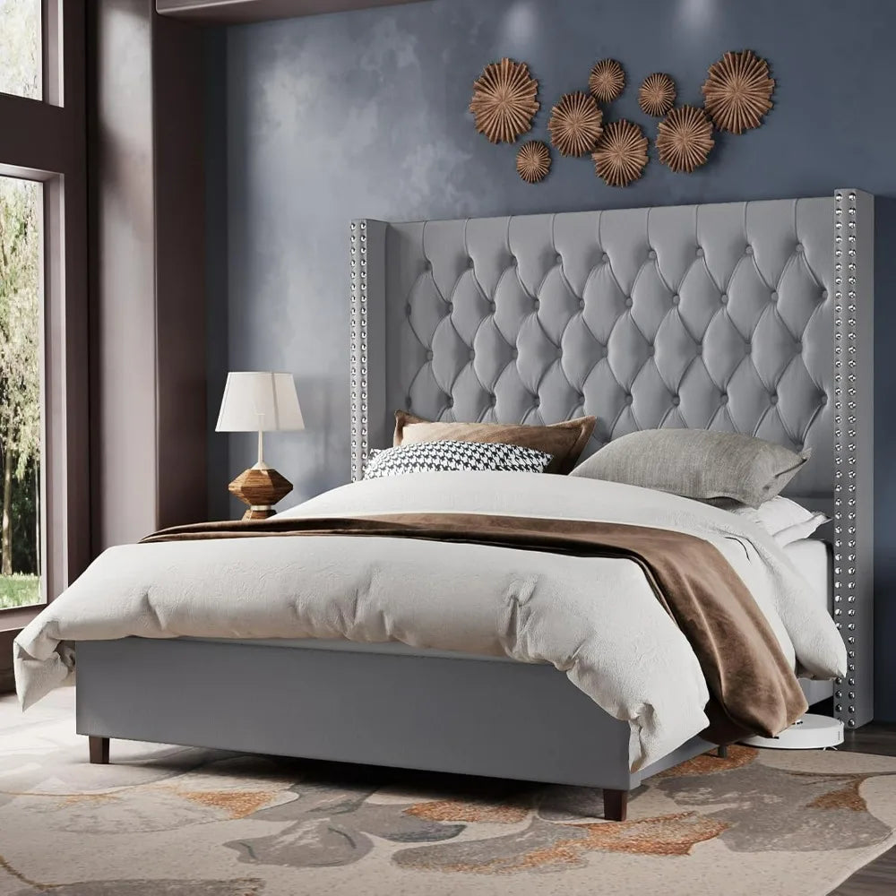 Velvet Upholstered Bed Frame King Size 61.4" Tall Headboard King Bed Frame/Deep Button Tufted/No Box Spring Needed/Grey Beds