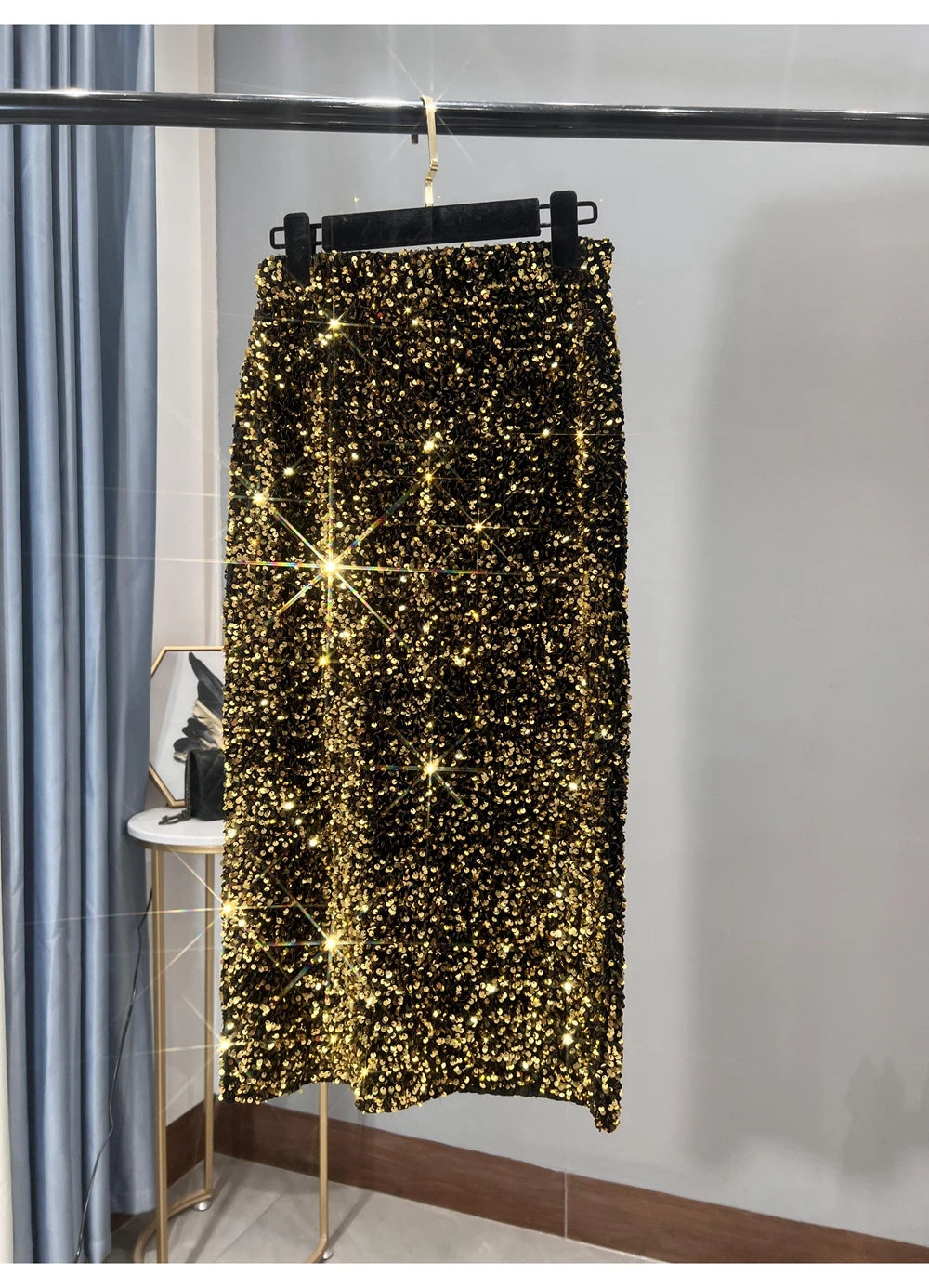 2022 New Thickened French High-waisted Slim, Versatile Mid-length Skirt with Hip Wrap Slit Black Sequin Skirt for Women