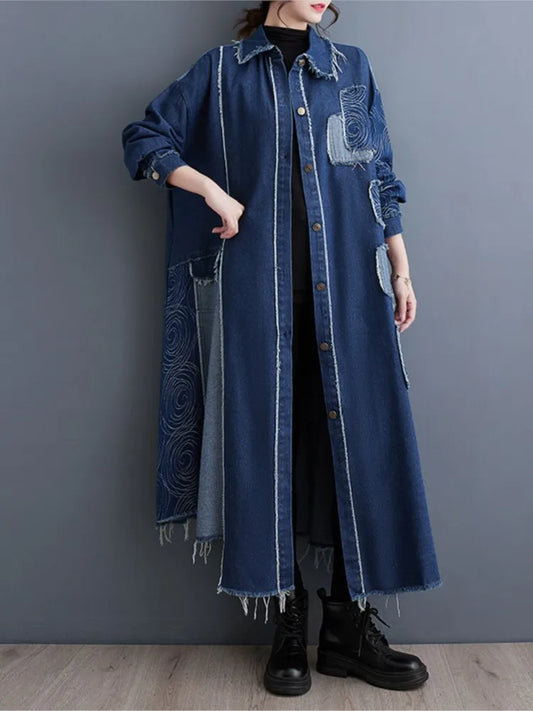 Oversized Denim Trench Autumn Winter Long Coat Women Irregular Modis Print Patchwork Ladies Jackets Loose Woman Jacket Coat 2023