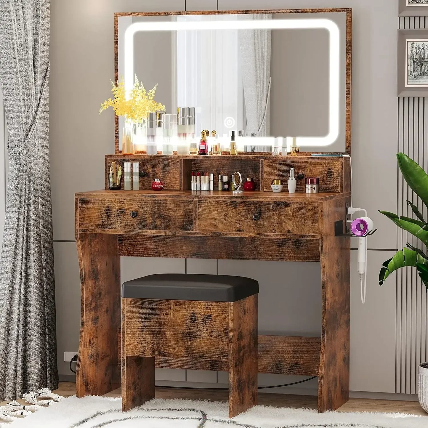 Vanity Desk with LED Lighted Mirror & Power Outlet & 4 Drawers,Dressing Makeup Table Set with Storage Stool and Hair Dryer Stand