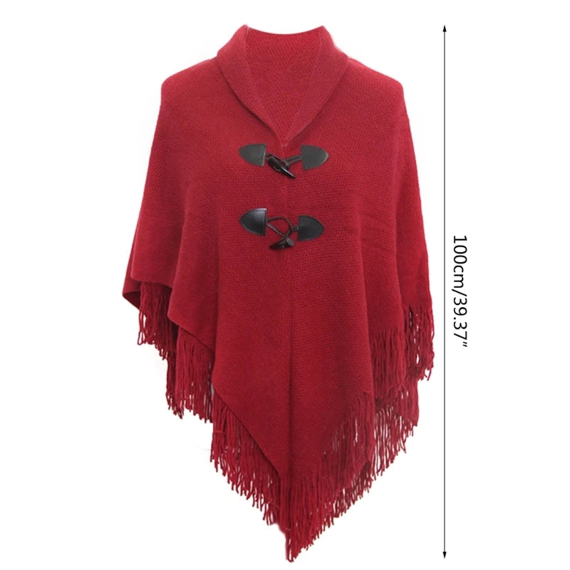 Winter Poncho Cape Cloak Shawl Wrap Poncho With Button Women Shawl Wrap Poncho Ruana Cape Cardigan Sweater Open