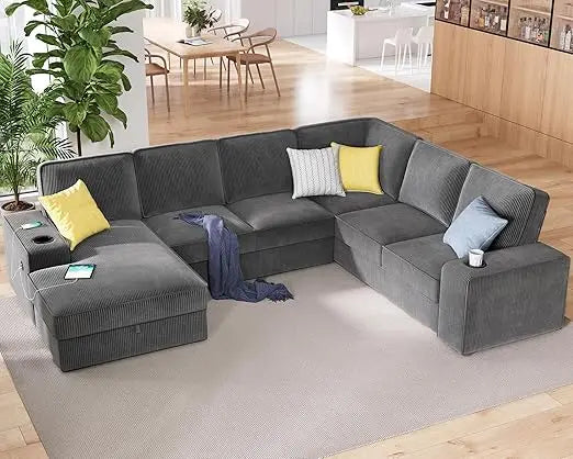 Sectional Sofa,  with Storage Chaise, U Shaped Sofa Couch with USB Ports, Corduroy Couch, Oversized Sofas