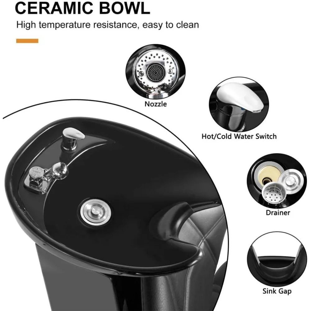 Shampoo Bowl Backwash Barber Chair Adjustable Ceramic Bowl Sink W/Rubber Headrest for Salon Beauty Spa Equipment (Black)