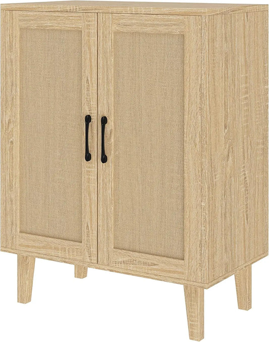 Cabinet Sideboard with Rattan Decorated Doors Kitchen Storage Cupboard Accent Cabinet (Natural Wood)