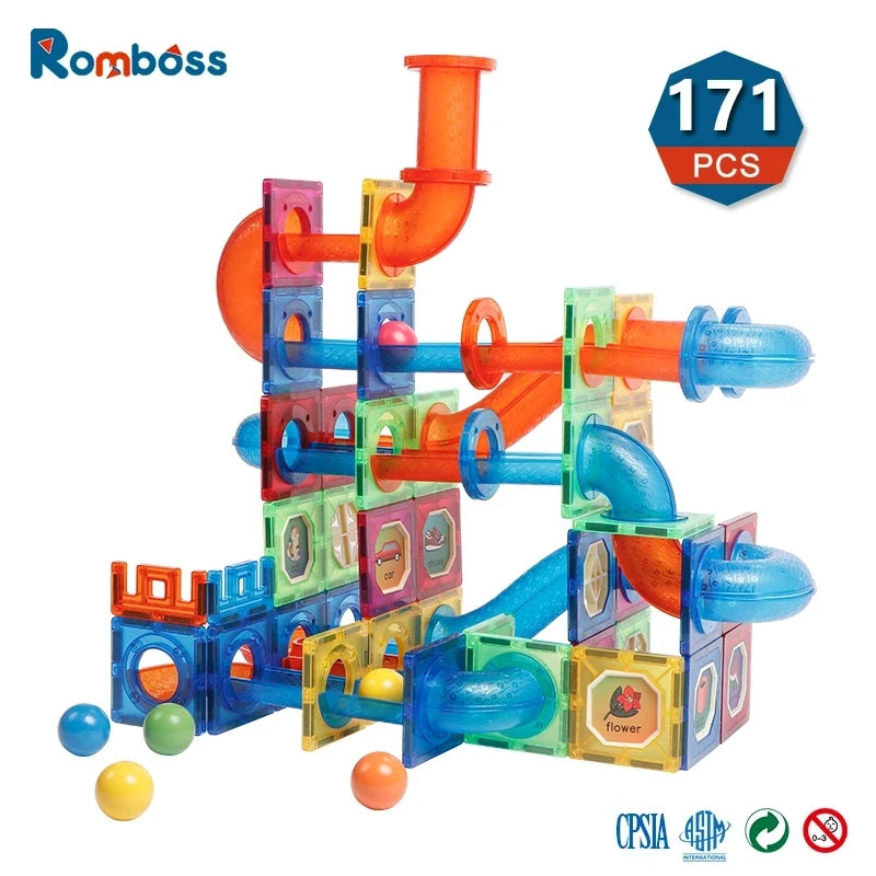 Romboss 171PCS Magnetic Building Blocks Marble Run Race Track Assembly Toys Kids Assembling Magnetic Tiles Wooden Ball Pipe Toy