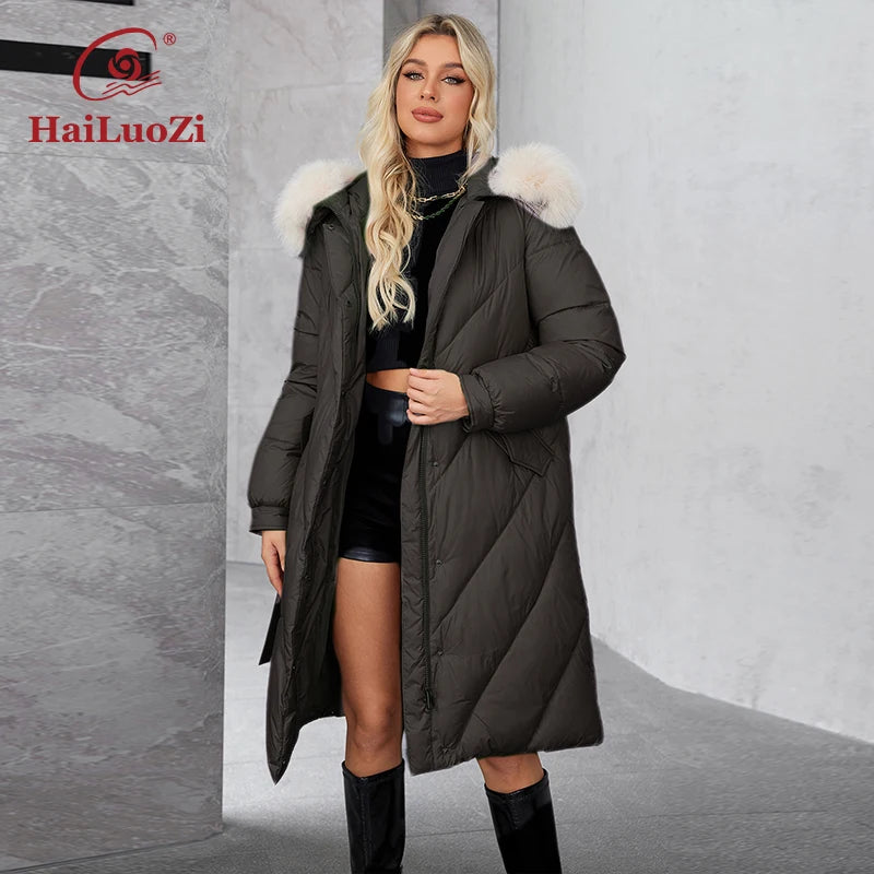 HaiLuoZi 2024 Women's Winter Plus Size Long Parka Coat Warm Women's Jacket Slash Pocket Fashion Hooded Women's Jacket 1316