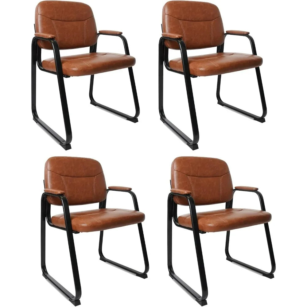 Waiting Room Reception Chairs No Wheel, Leather Guest Chair with Padded Arms, Modern Brown Office Desk Chairs with Sled Base