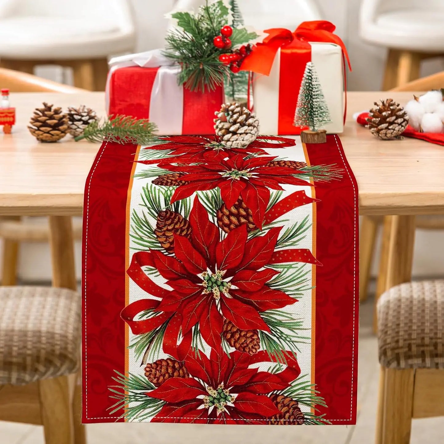 Christmas Poinsettia Red Linen Table Runner Seasonal Winter Xmas Party Decor Holiday Wedding Table Decor Navidad Decoration 2025