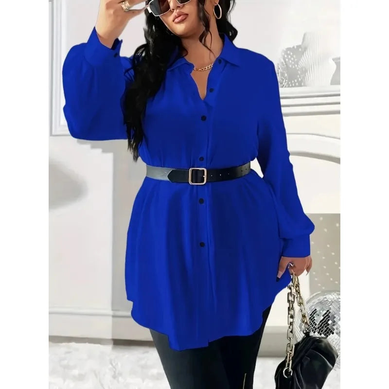 Women's Fashion Plus size Solid Color Button Top Ladies Long Sleeved Casual Top Lapel Shirt