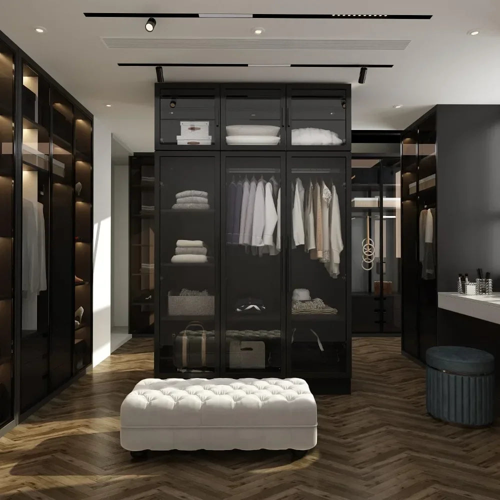 Wardrobe Cabinet, LED Lights, Armoire Closet with Glass Doors, Wooden Large Wardrobe with Hanging Rod & 5 Tiers Shelf