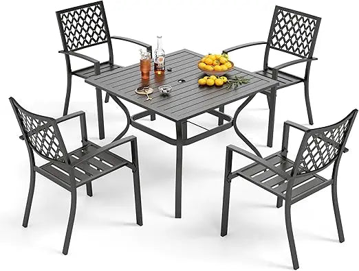 5 Piece Outdoor Dining Table Set ,37” Square Metal Dining Table with Umbrella Hole& Stackable Steel Chairs,Garden Furniture Sets