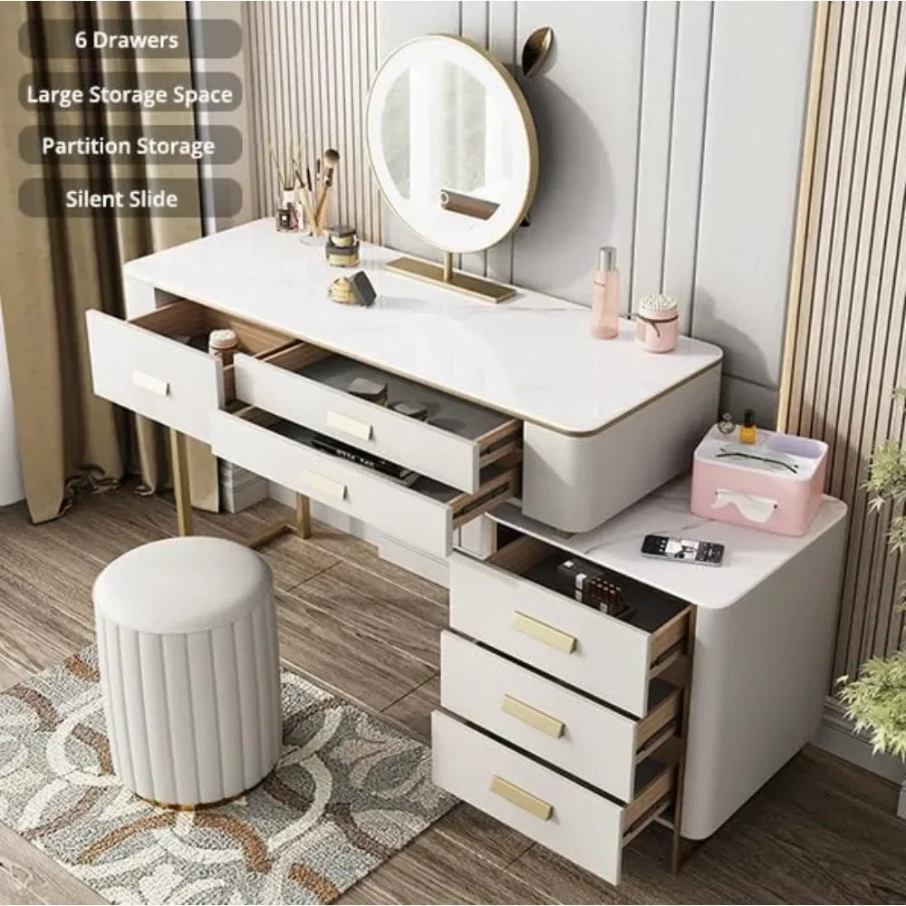 Vanity Desk with Side Cabinet and 6 Solid Wood Drawers, Tempered Glass Desktop Dressing Table, Vanity Desk