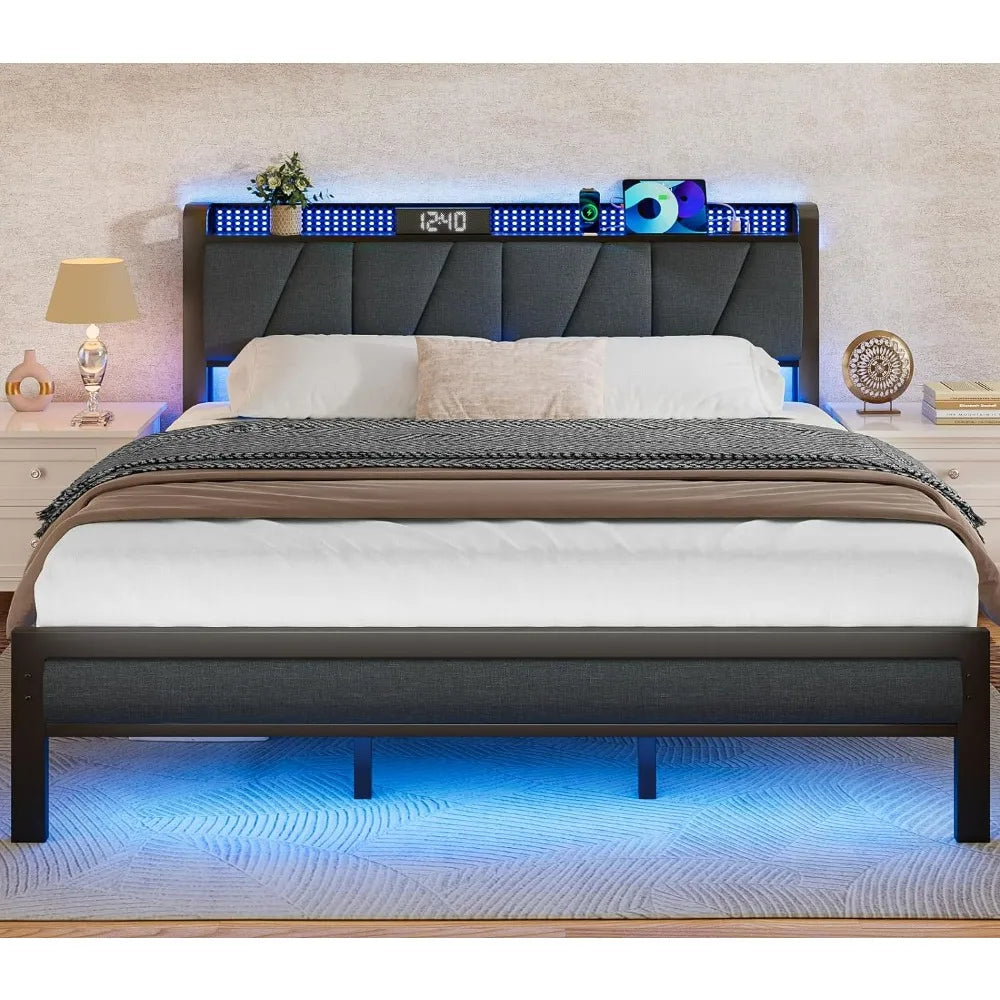 King Bed Frame with Headboard and LED Light, Upholstered Platform with Power Outlet and USB Port, King Size Bed