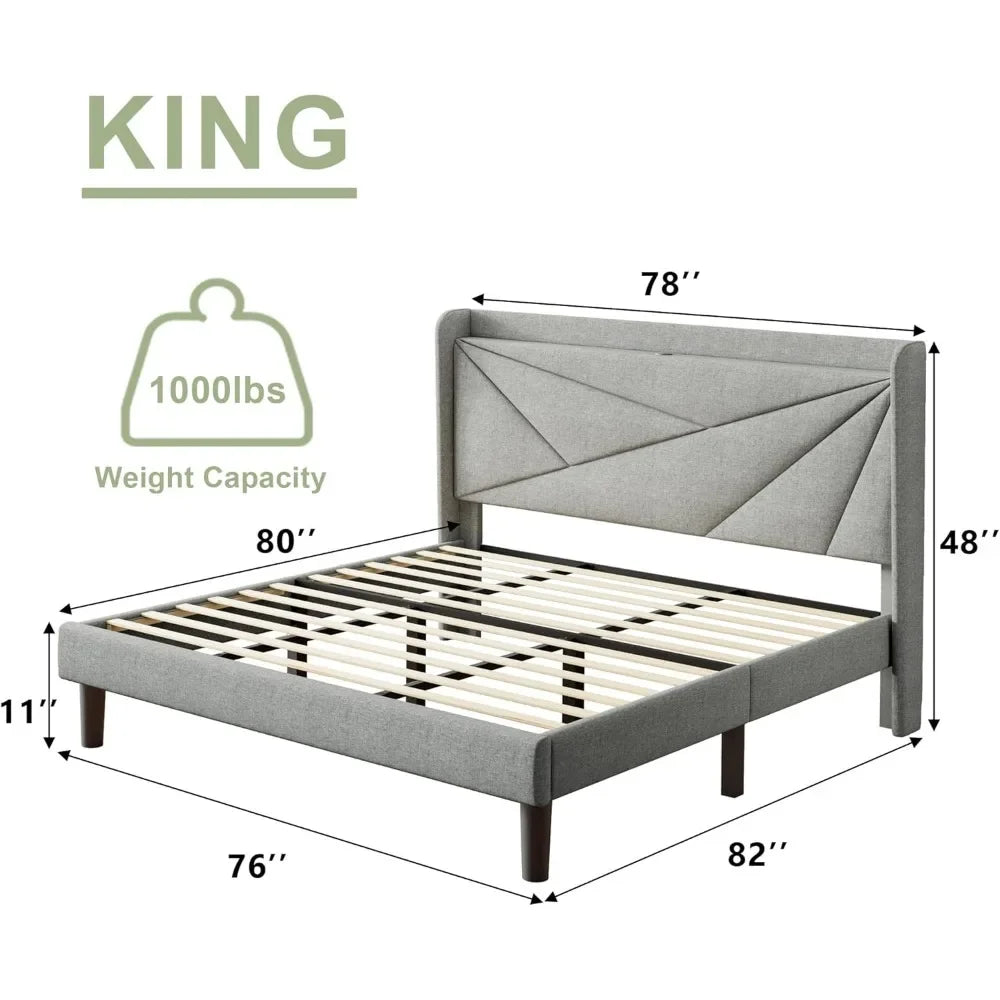 King Size Bed Frame, Modern Bed Frame with Charging Station, Wingback Storage Headboard, Solid Wood Slats Support