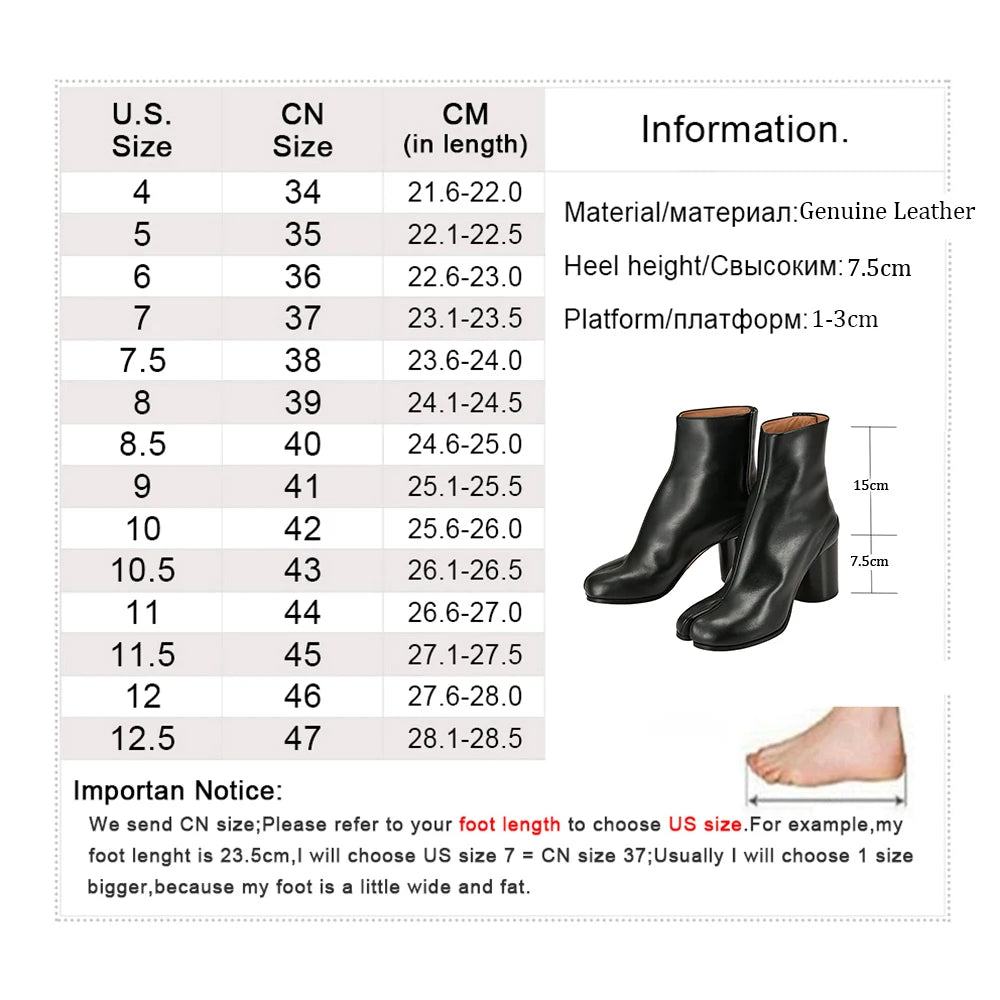 New Genuine Leather Tabi Ankle Boots Women Chunky Round Heels Shoes Woman High Heels Split Toe Tabi Boots Women Botas De Mujer