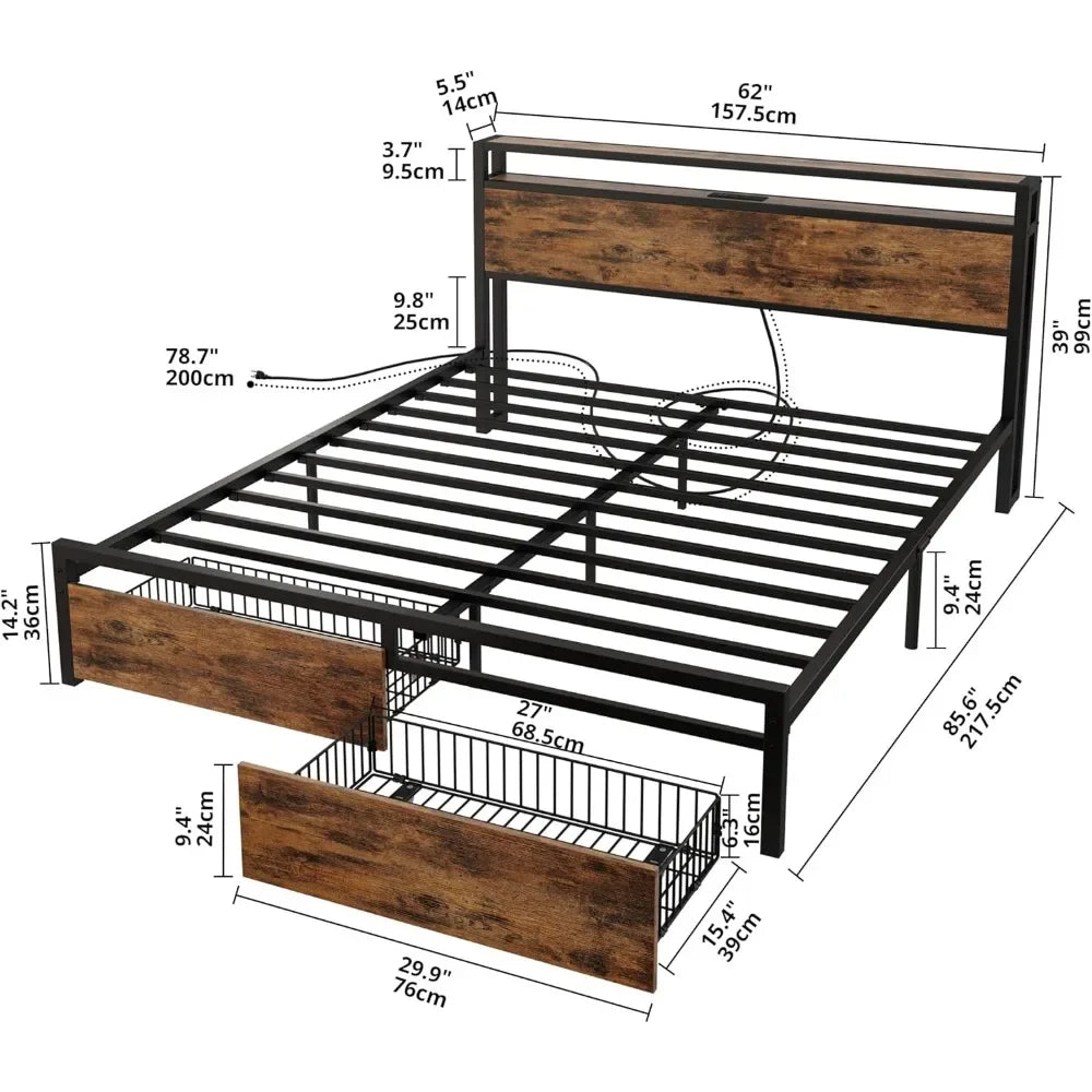 Queen Bed Frame with Storage Headboard, Platform Bed with Drawers and Charging Station, No Box Spring Needed, Easy Assembly