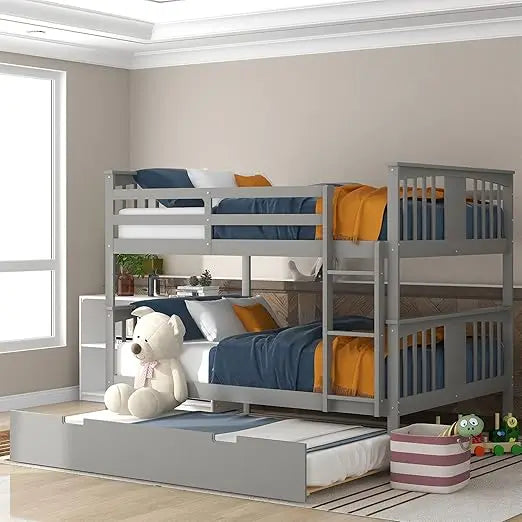 Bunk Bed,Wooden Full Bunks Beds with Twin Size Trundle and Ladder, Space Saving Design Bedroom Furniture ,Wood Bunk Bed Frame