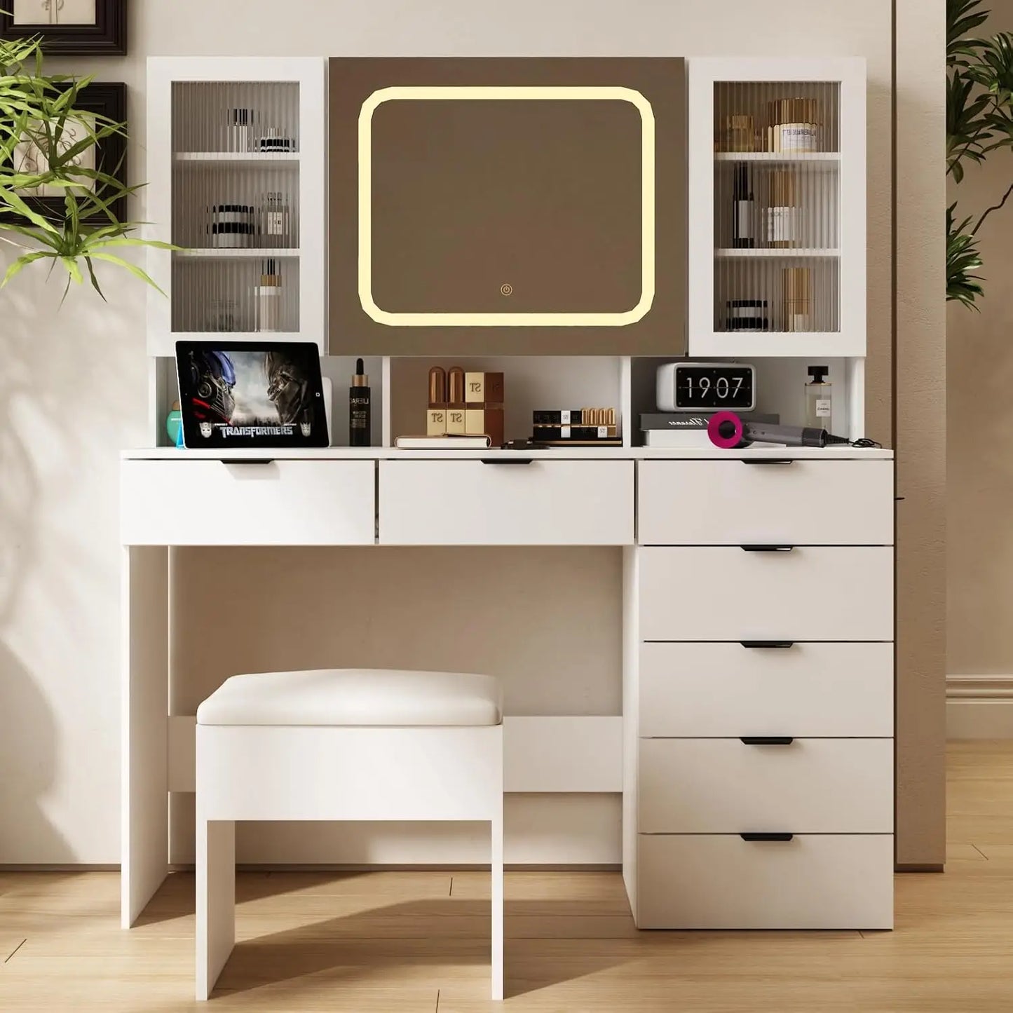 Vanity Table Set with LED Lighted Mirror, Makeup Vanity Desk with Charging Station Storage Cabinets & Drawers Cushioned Stool