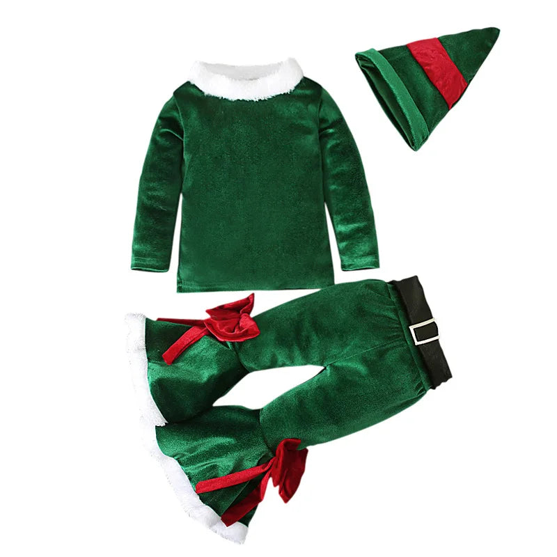 Baby Girls Christmas Cosplay Santa Claus Long Sleeve Red Bell Bottom Velvet Suit Carnival Party Kid Costume Top+Pant+Cap Clothes