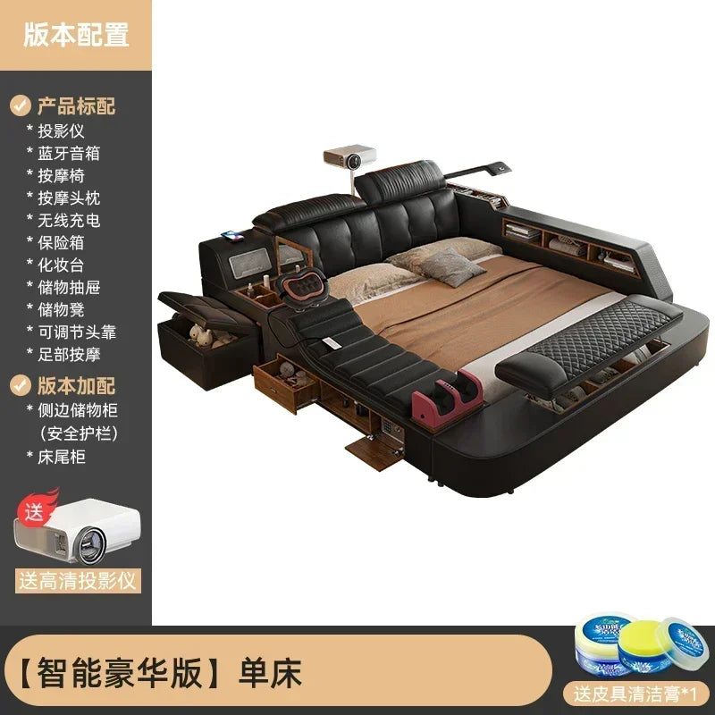 Ultimate Genuine Leather Bed With Massager, Safe, Speaker, Dresser And Projector For Bedroom Multifunctional Tech Smart Beds