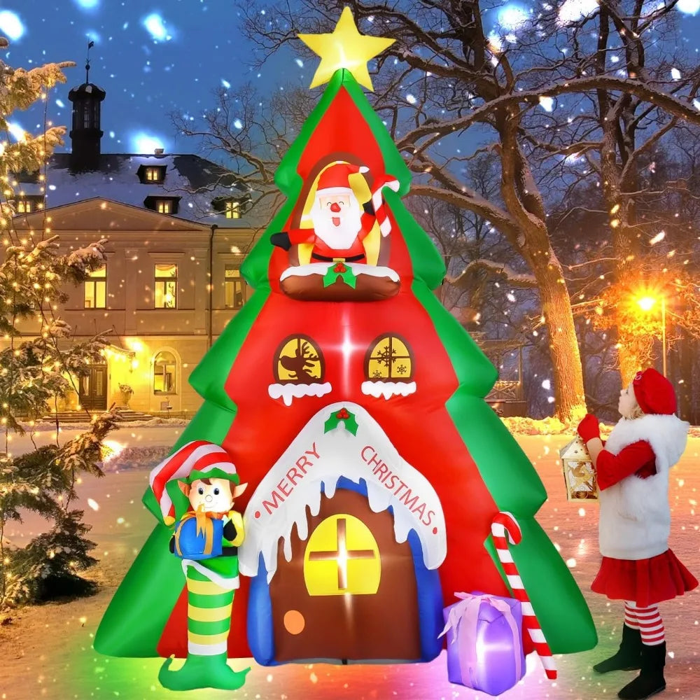 10FT Inflatable Christmas Tree & Santa Claus House Decoration, Christmas Blow up Santa Decoration with Lights for Outdoor Indoor