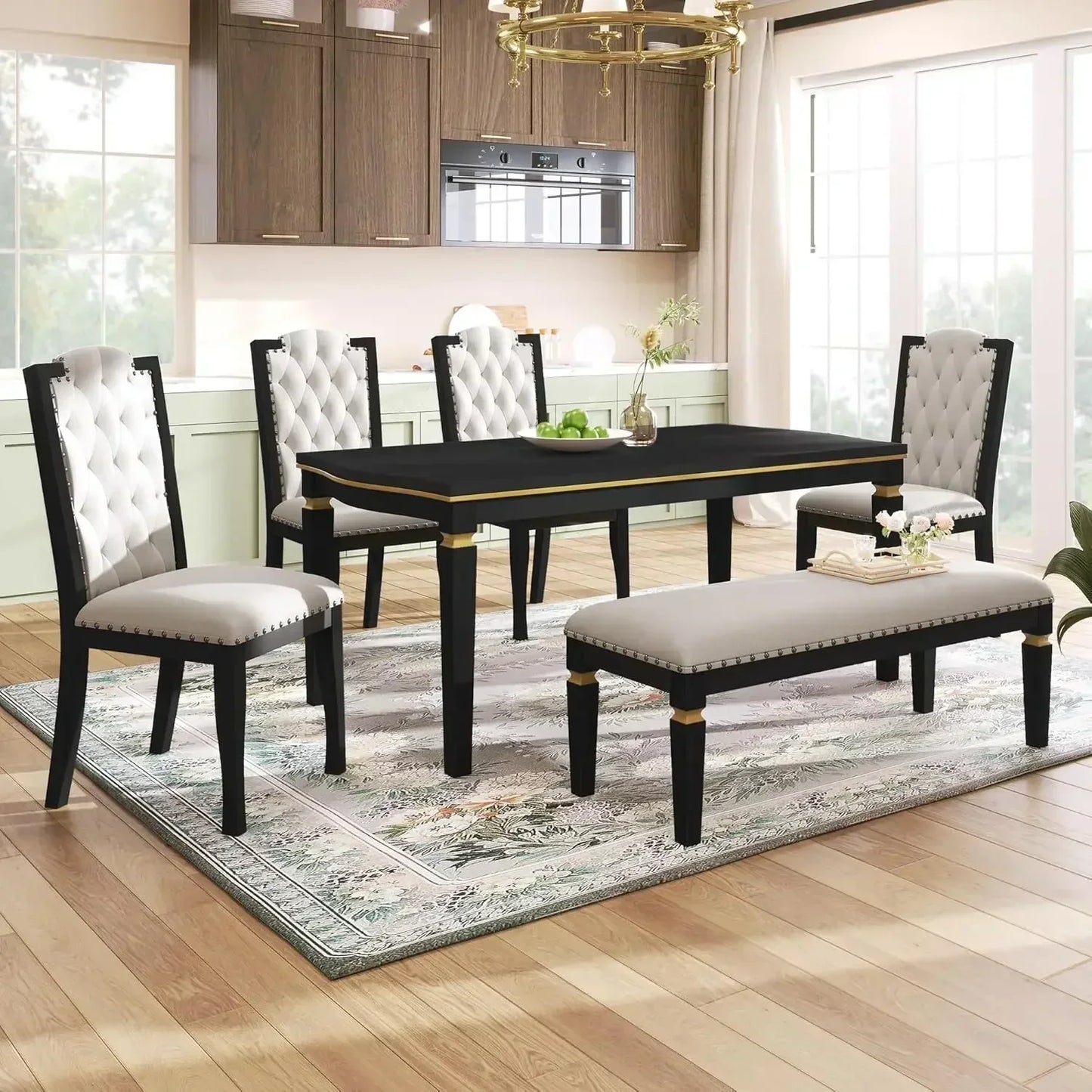 6 Piece Dining Table Set with Bench, 60" Wooden Table with 4 High-Back Tufted Chairs & 1 Bench, Kitchen Dining Room Table Set