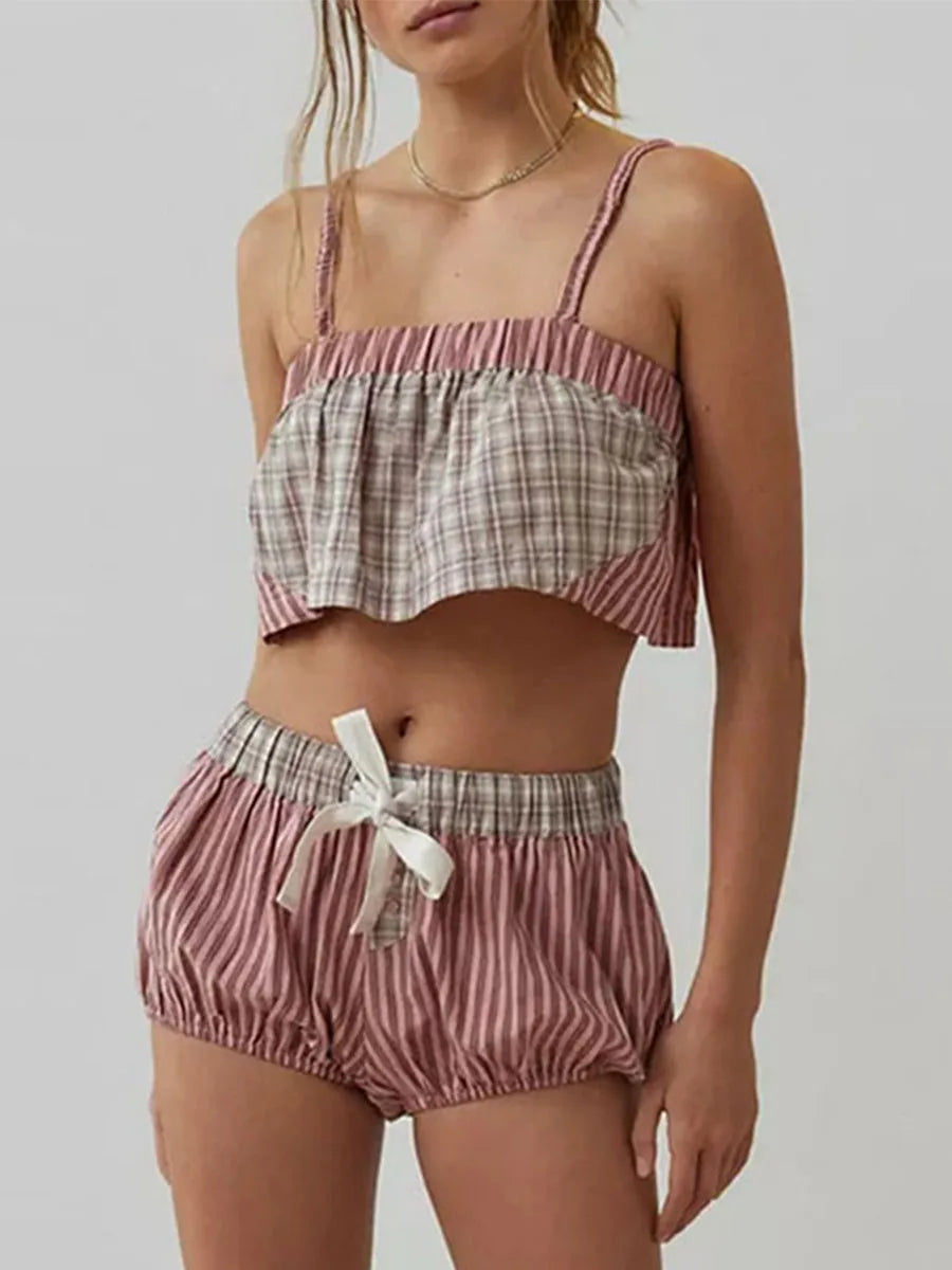 Women Y2k 2 Piece Shorts Outfits Sleeveless Crop Cami Top and Bloomer Shorts Set Cute Stripe Plaid Patchwork Pajamas Hotsweet