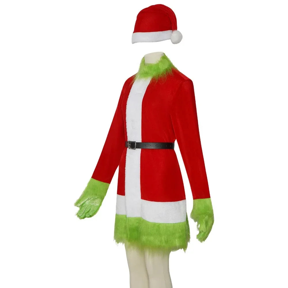 Christmas Green Fur Cosplay Costume Monster Santa Claus Disguise Red Suit Women Xmas Dress Halloween Carnival New Year Role Play