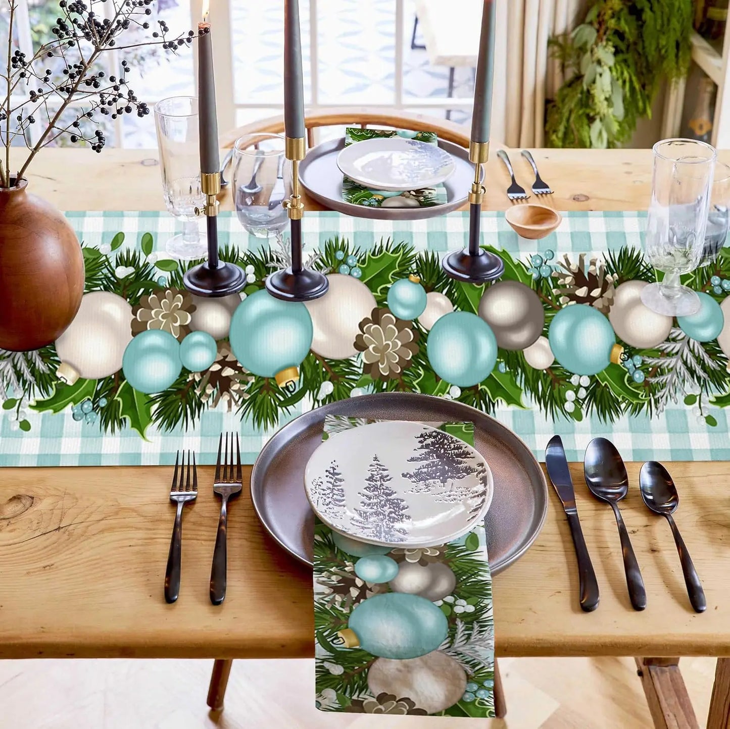 Christmas Balls Pine Needles Pinecone Teal Linen Table Runner Dresser Scarf for Winter Xmas Party Decor Navidad Decorations 2025