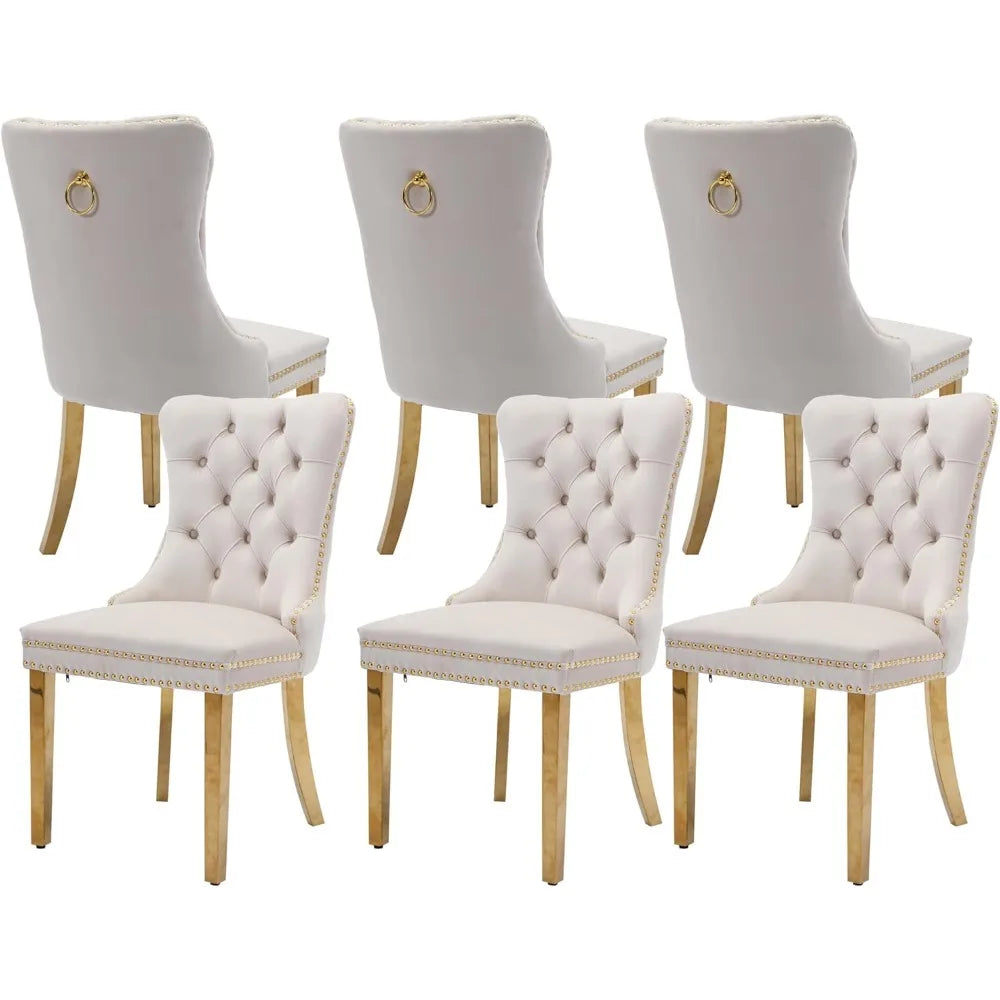 Velvet Dining Chairs Set of 6, Tufted Nailhead Accent Dining Room Chairs with Pull Ring Gold Stainless Steel Legs, free shipping