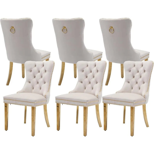 Velvet Dining Chairs Set of 6, Tufted Nailhead Accent Dining Room Chairs with Pull Ring Gold Stainless Steel Legs, free shipping