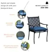 4 Piece Outdoor Patio Metal Wrought Iron Dining Chair Set with Arms and Seat Cushions - Blue