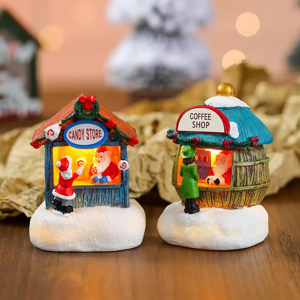 Mini Light-up Christmas Shop with Santa Christmas Winter Village House Ornaments Resin Desktop Figurine Holiday Home Decor