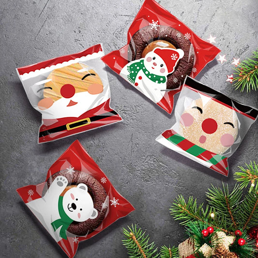 100Pcs Christmas Gift Bag Self Adhesive Cookies Candy Wrapping Bag New Year Party Gift Snack Baking Plastic Bag