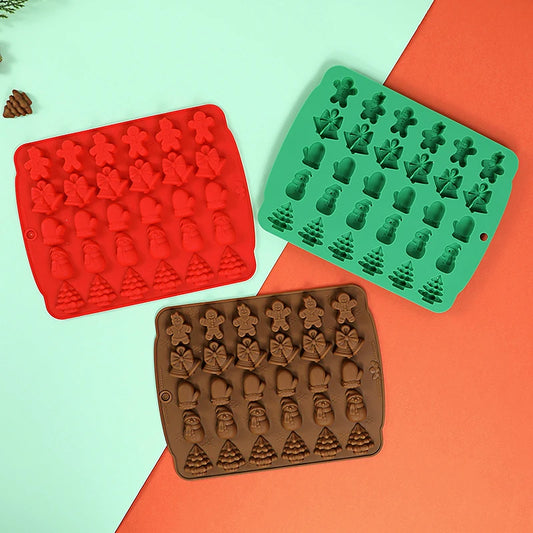 Christmas Chocolate Molds Silicone Red Green Brown Christmas Mold Gingerbread Man Xmas Tree Bell Snowman Gloves Kitchen Supplies