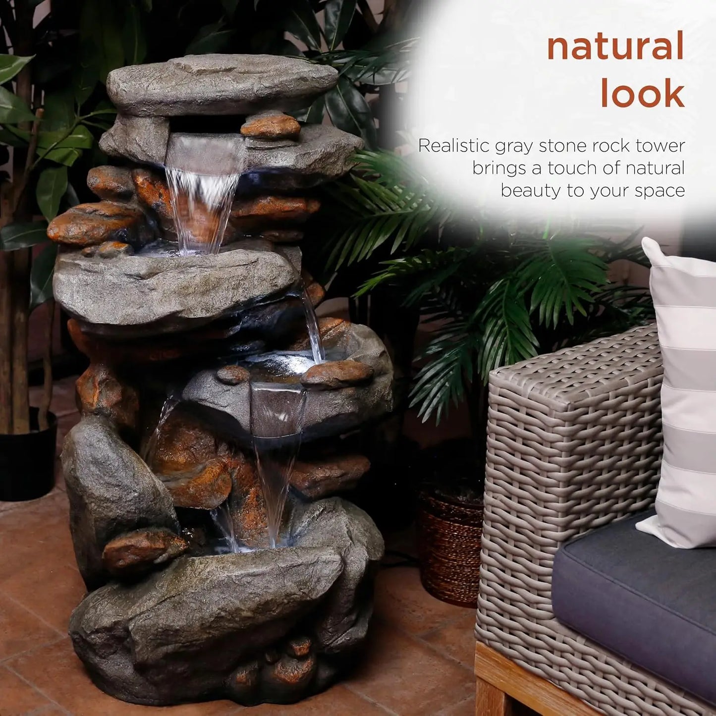 WIN316 4-Tiered Outdoor Floor Rock Water Fountain for Garden or Patio with Natural Stone Look, Light Gray