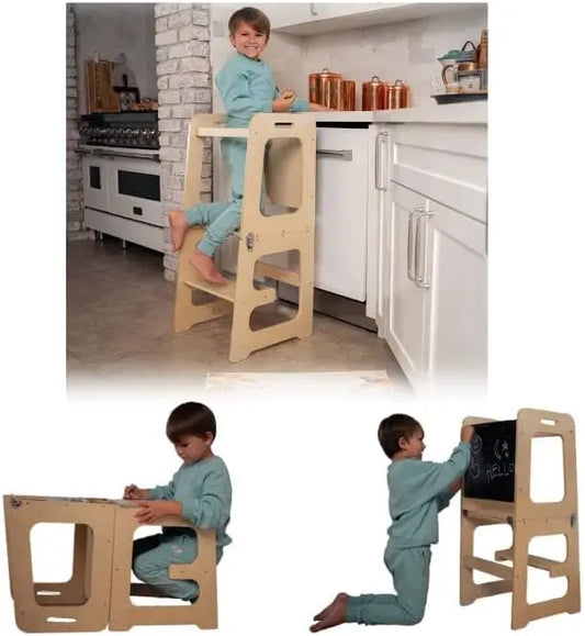 4-in-1 Foldable Kitchen Tower - Toddler Step Stool with Chalkboard, Desk Table and Chair - Waldorf and Montessori Kitchen Stool