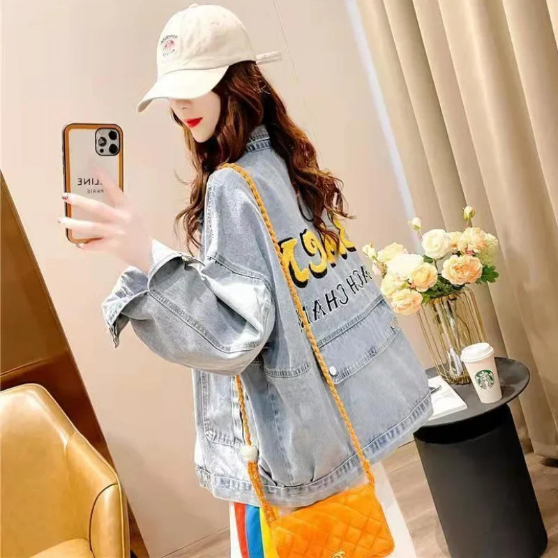 Women's Denim Jackets Outerwears Blue Graphic Female Jeans Coat with Print Spring Autumn Long Trench Mix Color New in On Sale