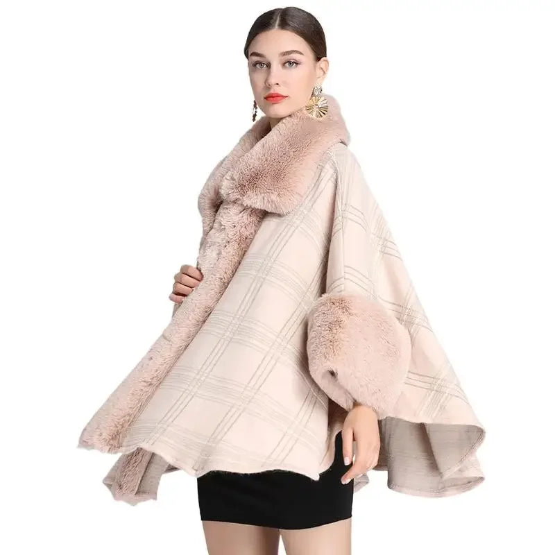 4 Colors Women Party Overcoat Cloak Winter Faux Rabbit Fur Big Collar Knitted Cardigan Cape Cashmere Long Sleeve Plaid Poncho